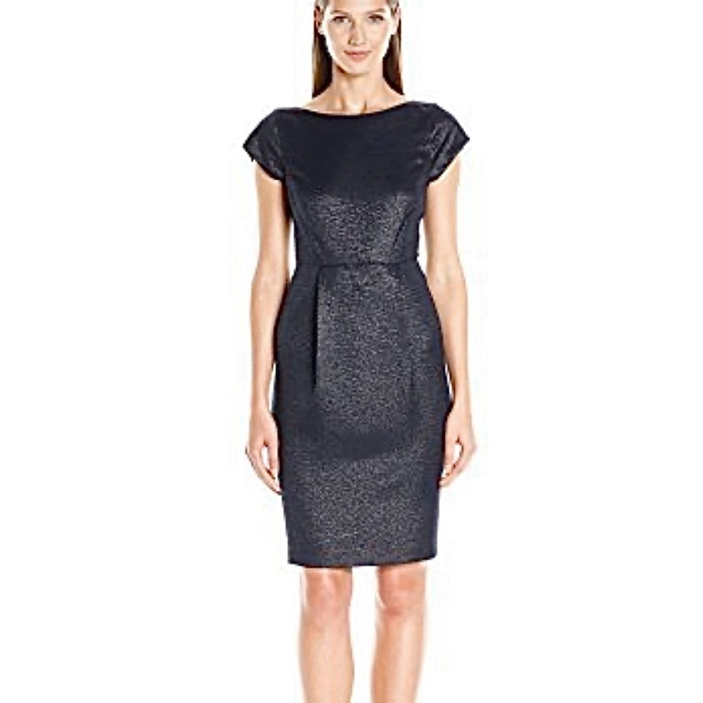 Susana Monaco Valerie Sheath Dress 6 Boat Neck Cap Slv navy blue subtle metallic
